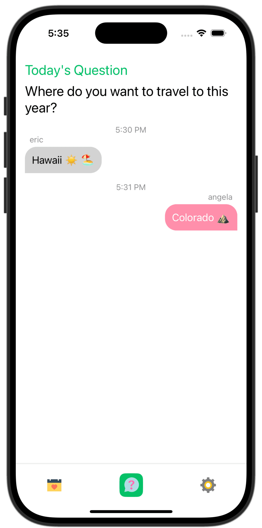 App screenshot showing today's question about travel destinations